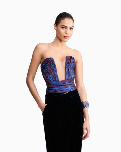 Ruched Jacquard Bustier Top with Geometric Pattern