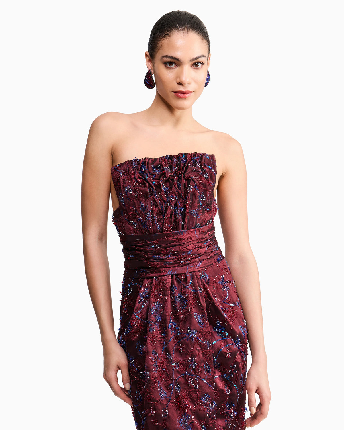Strapless Evening Dress with Floral Embroidery and Beading