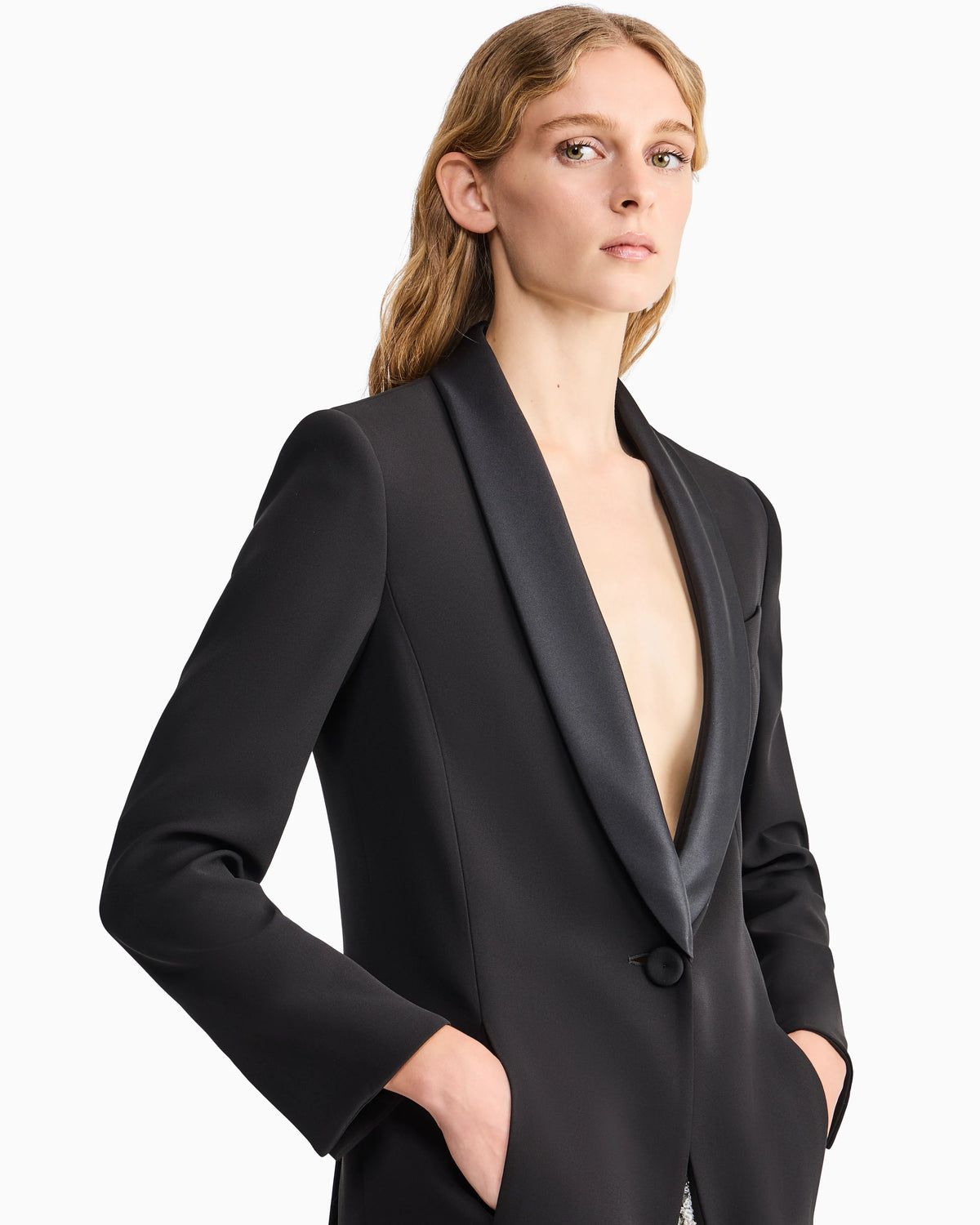 Tuxedo jacket in silk cady with satin shawl collar
