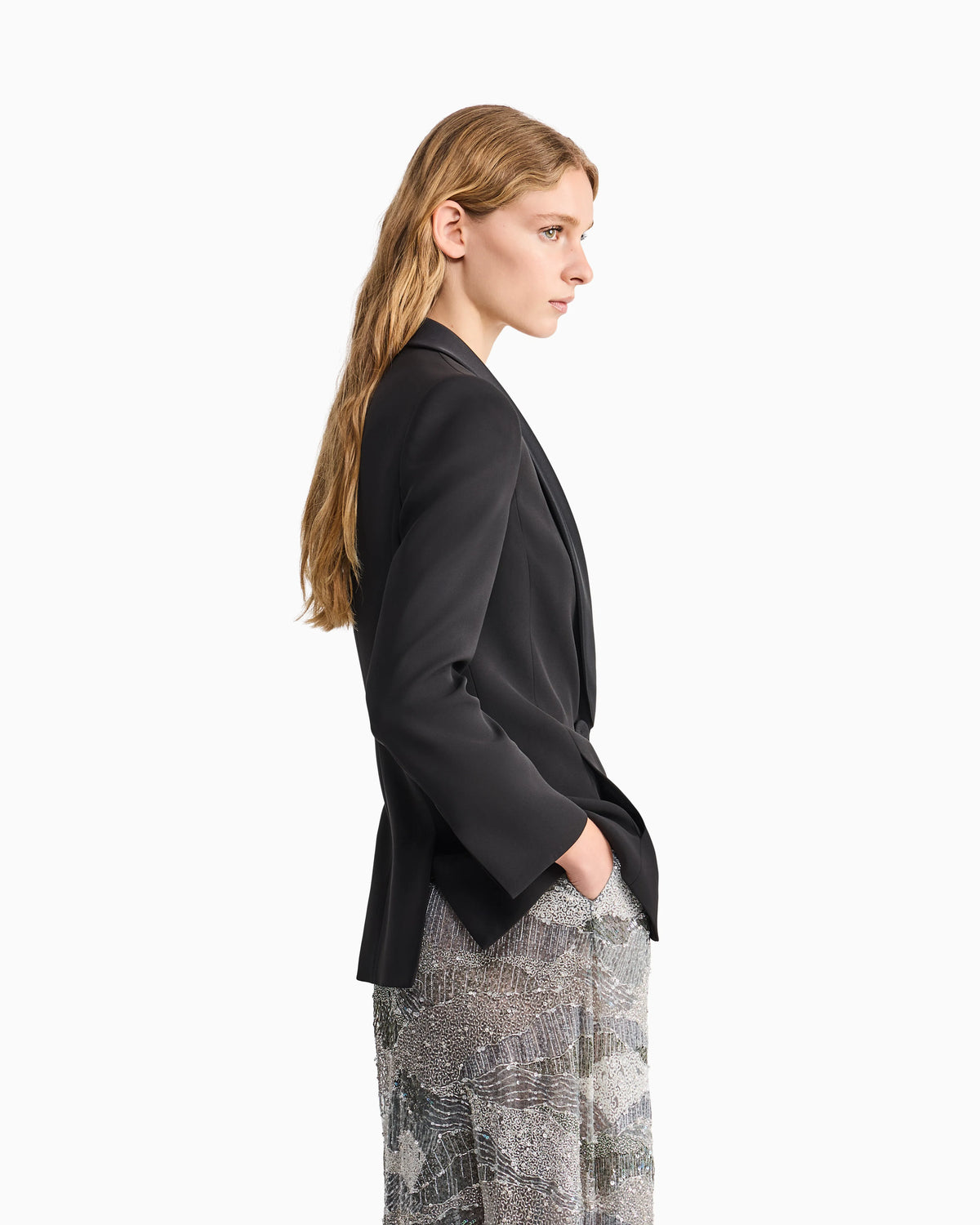 Tuxedo jacket in silk cady with satin shawl collar