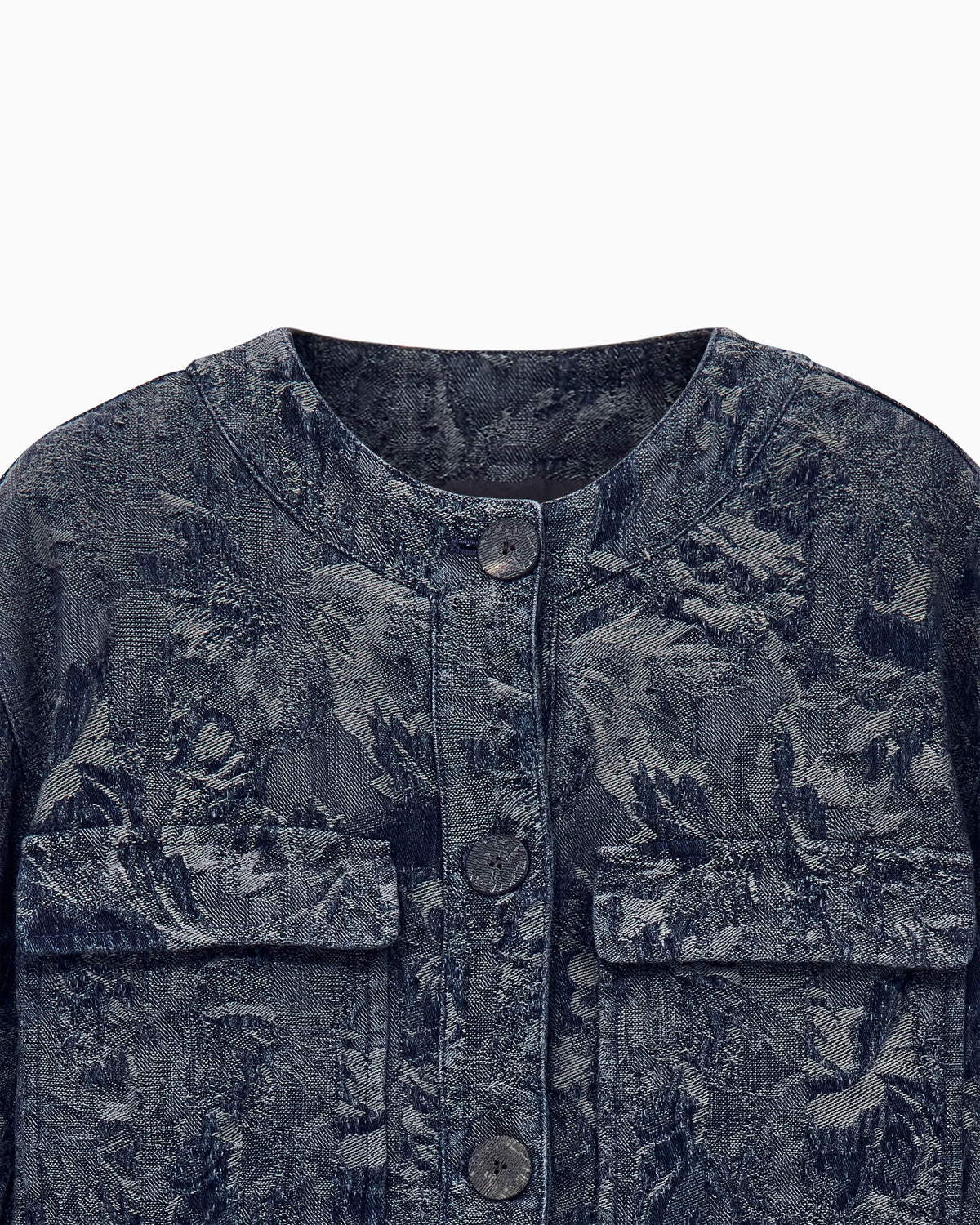 Cropped blouson in floral jacquard denim with patch pockets