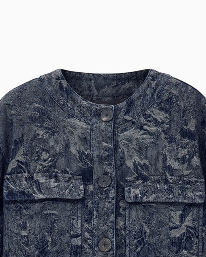 Cropped blouson in floral jacquard denim with patch pockets