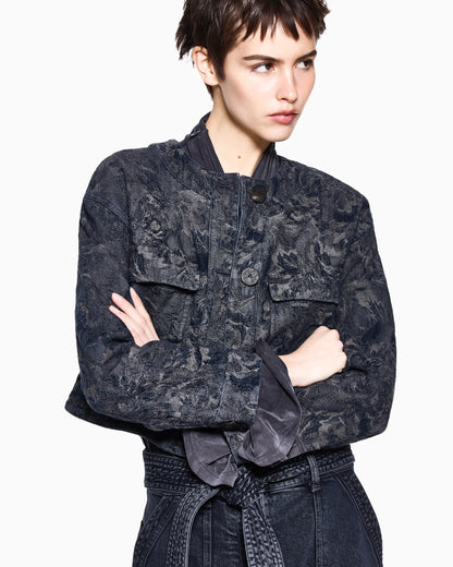 Cropped blouson in floral jacquard denim with patch pockets