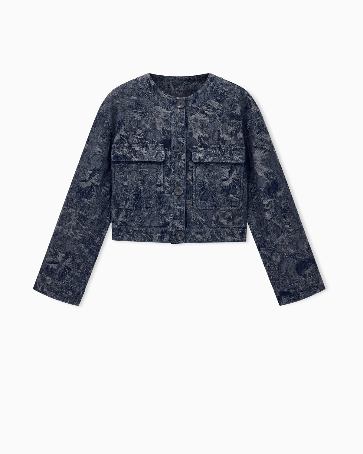 Cropped blouson in floral jacquard denim with patch pockets