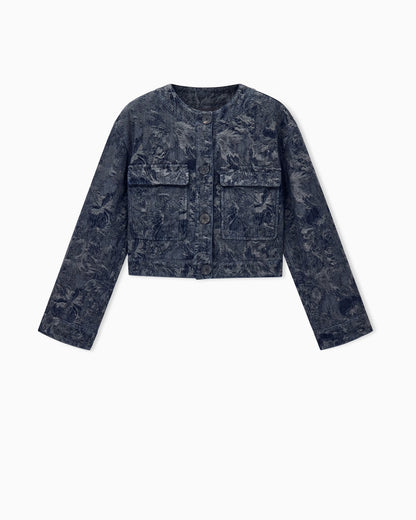 Cropped blouson in floral jacquard denim with patch pockets