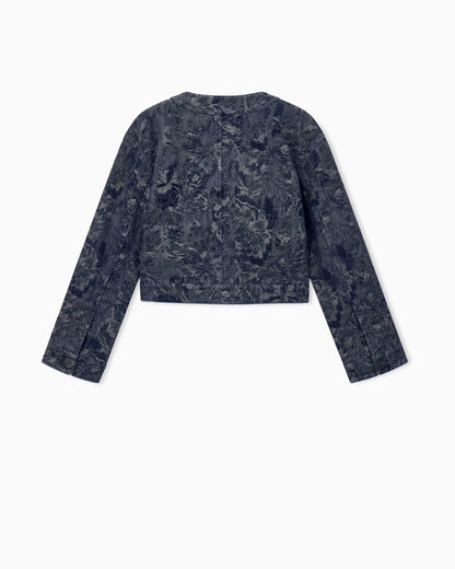 Cropped blouson in floral jacquard denim with patch pockets