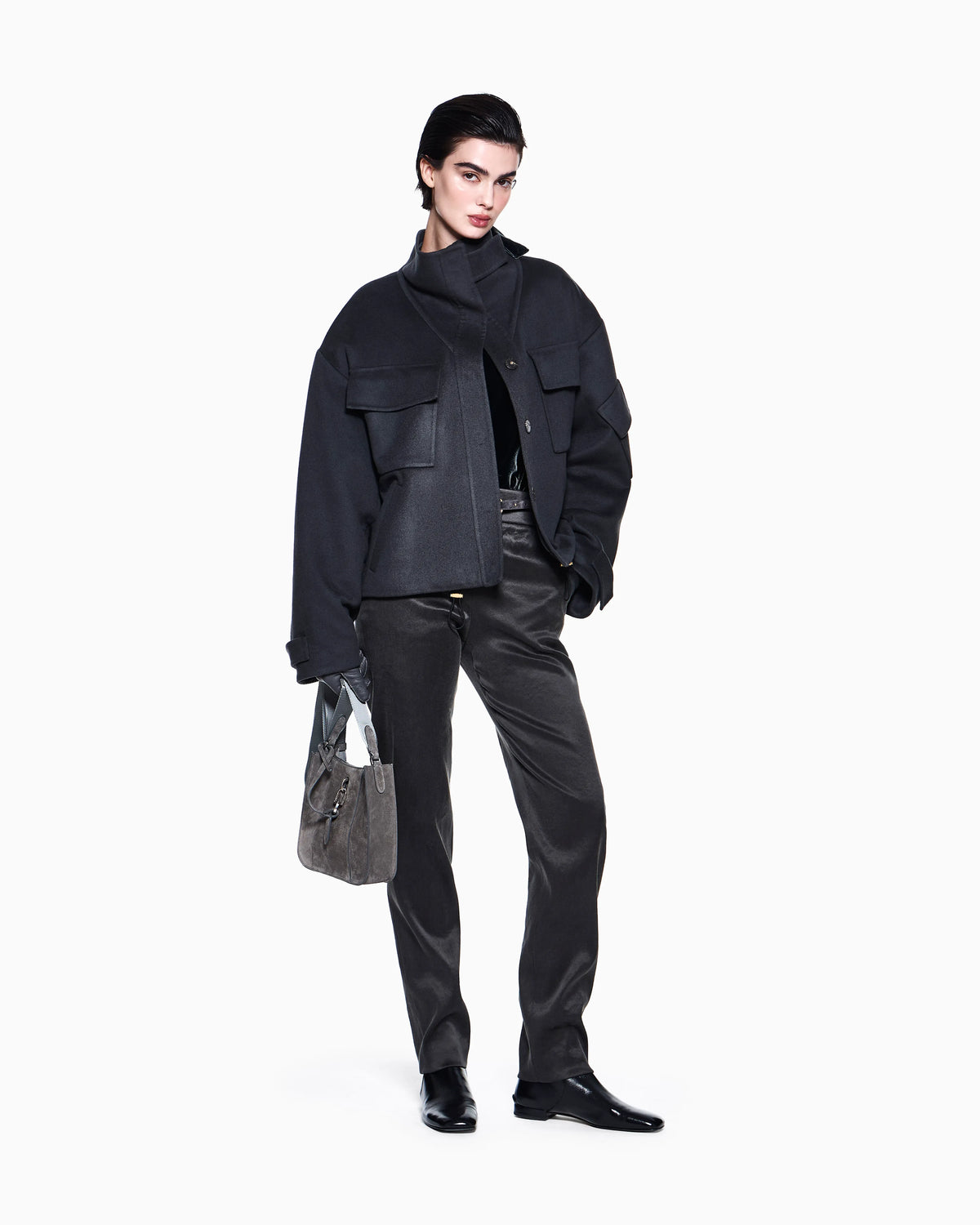 Caban coat double cashmere blouson with stand-up collar
