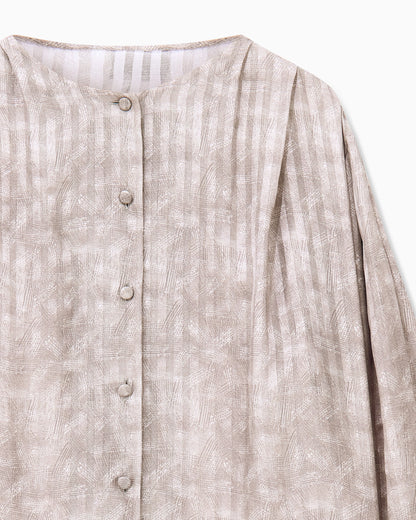 Blouse collarless printed silk shoulder pleats wide stripes