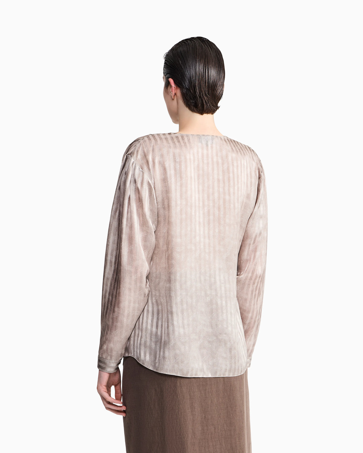 Blouse collarless printed silk shoulder pleats wide stripes