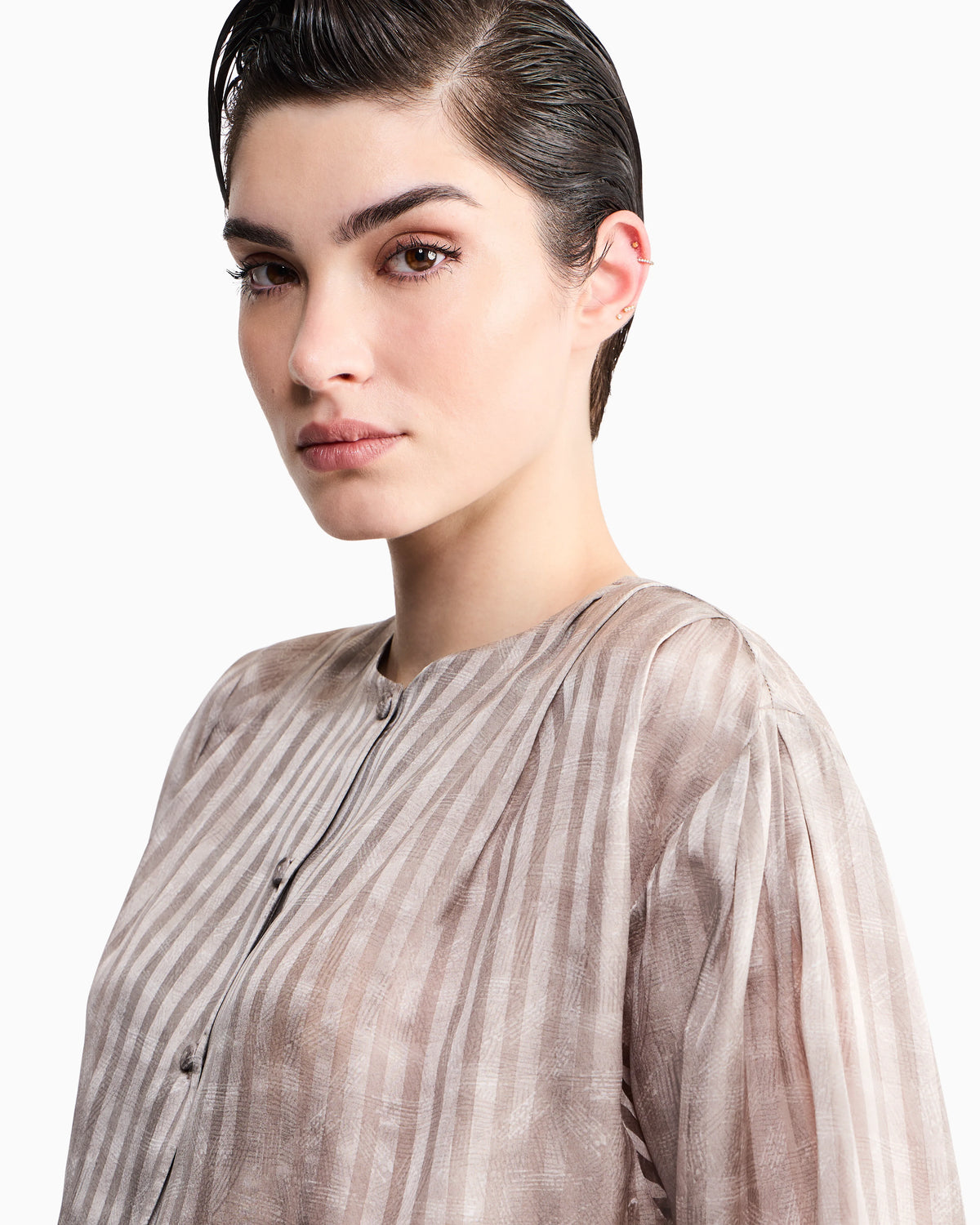 Blouse collarless printed silk shoulder pleats wide stripes