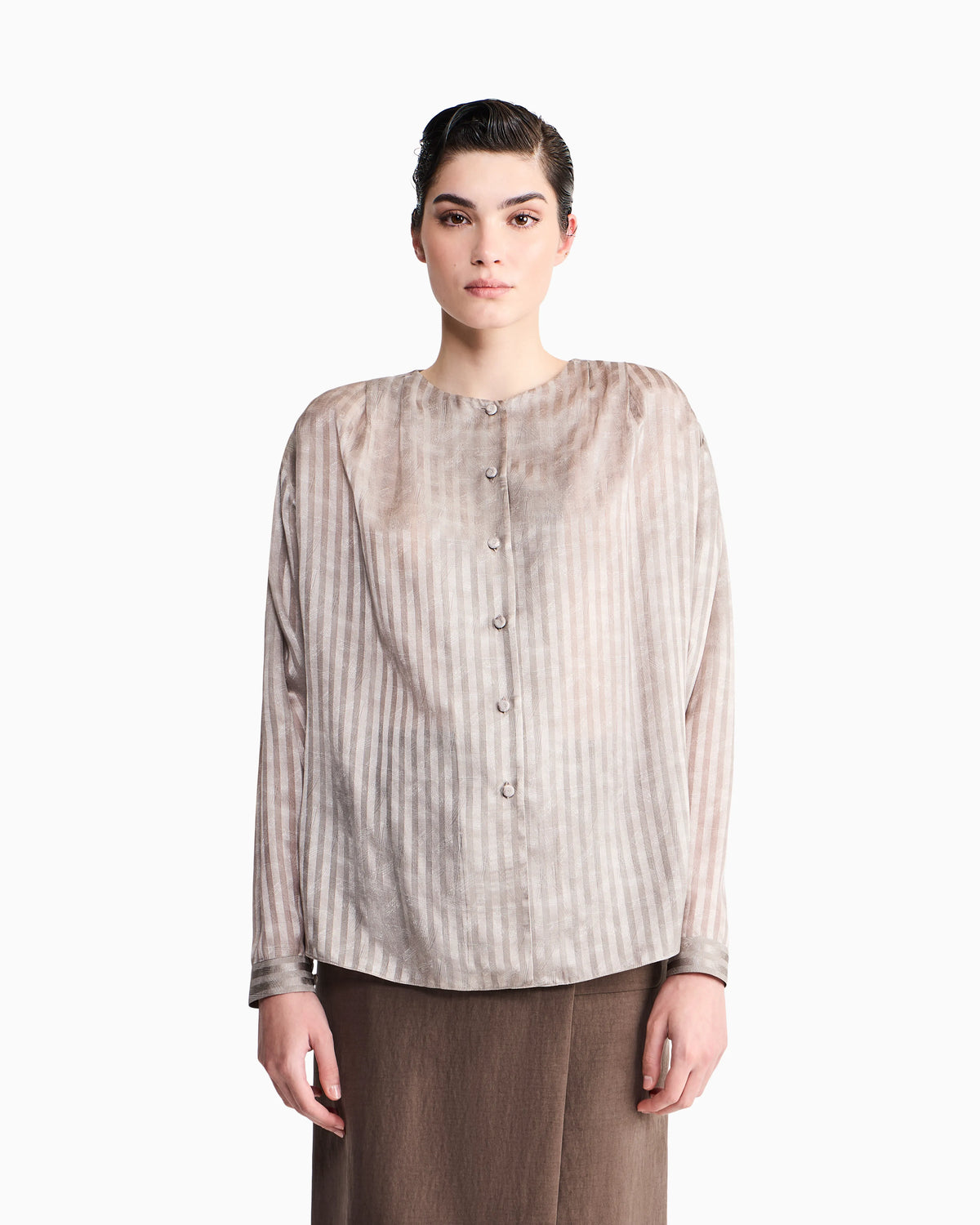 Blouse collarless printed silk shoulder pleats wide stripes