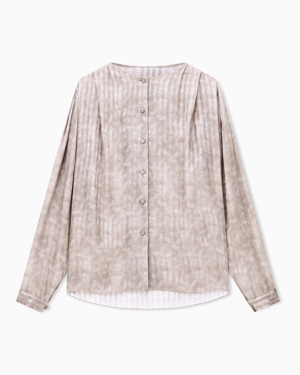 Blouse collarless printed silk shoulder pleats wide stripes