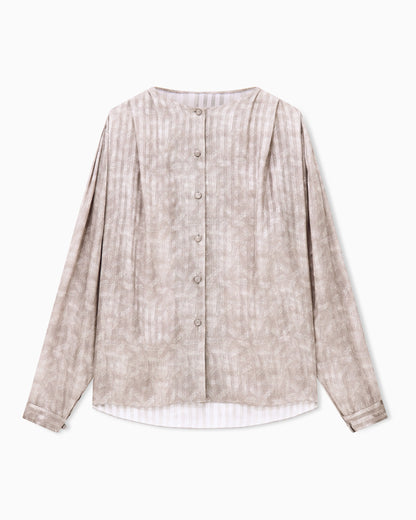Blouse collarless printed silk shoulder pleats wide stripes