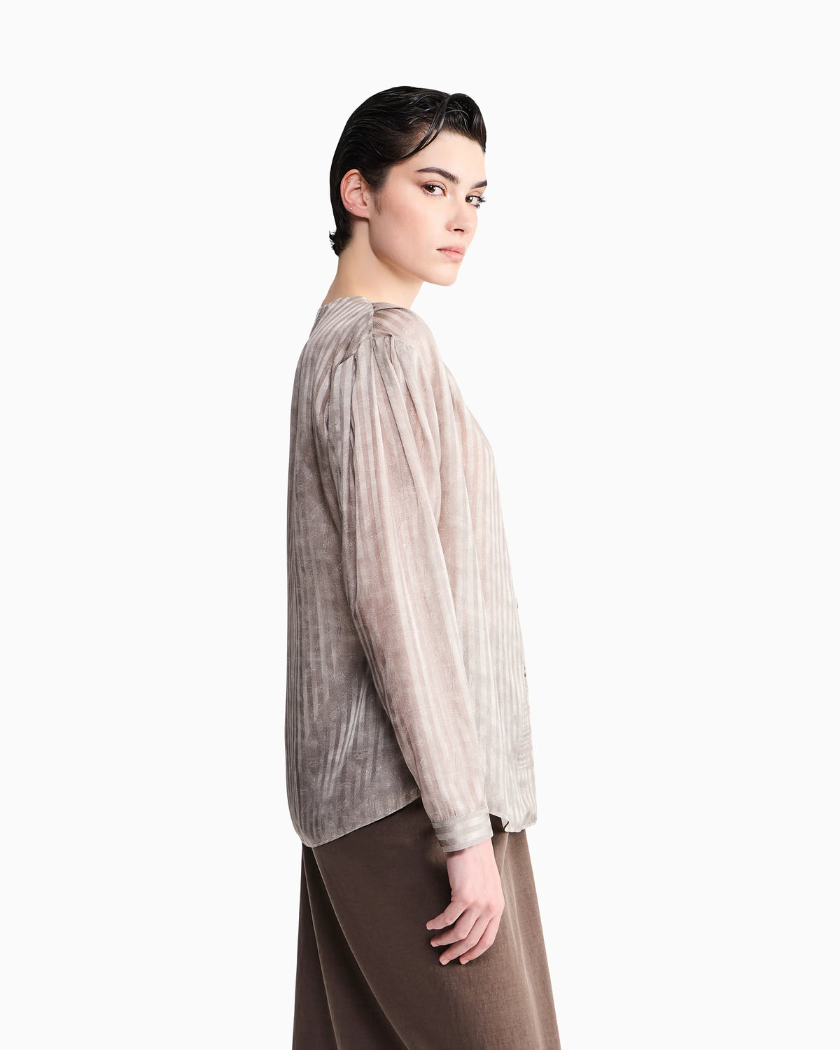 Blouse collarless printed silk shoulder pleats wide stripes