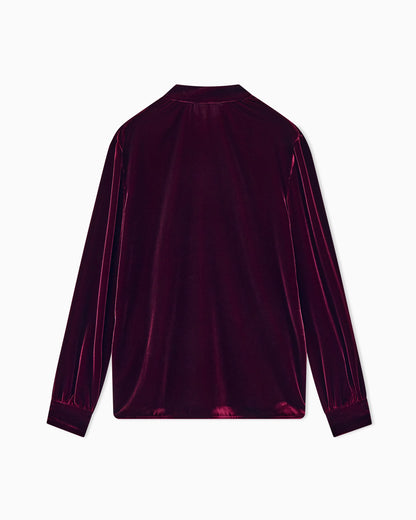 Blouse in velvet with stand-up collar and ribbons