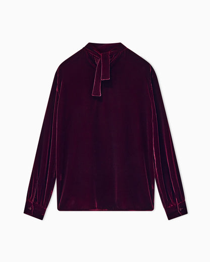 Blouse in velvet with stand-up collar and ribbons
