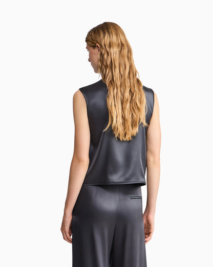 Shirt with sleeveless mandarin collar in double silk satin