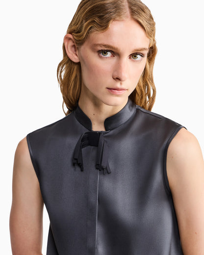 Shirt with sleeveless mandarin collar in double silk satin