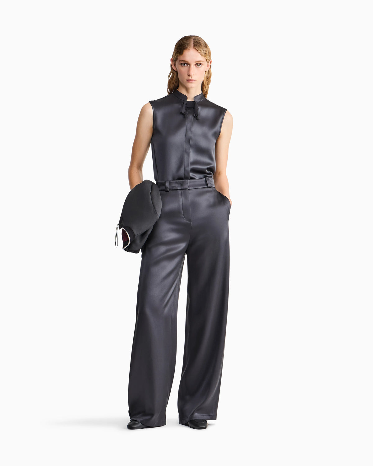 Shirt with sleeveless mandarin collar in double silk satin
