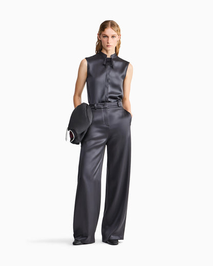 Shirt with sleeveless mandarin collar in double silk satin