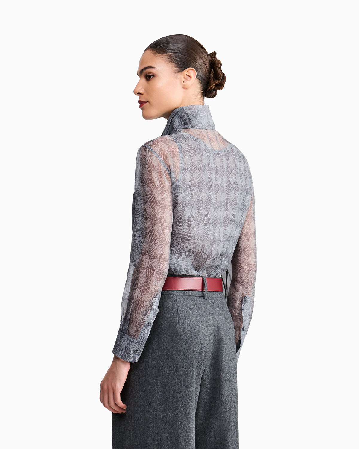 Silk Chiffon Turtleneck Blouse with Argyle Print