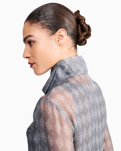 Silk Chiffon Turtleneck Blouse with Argyle Print