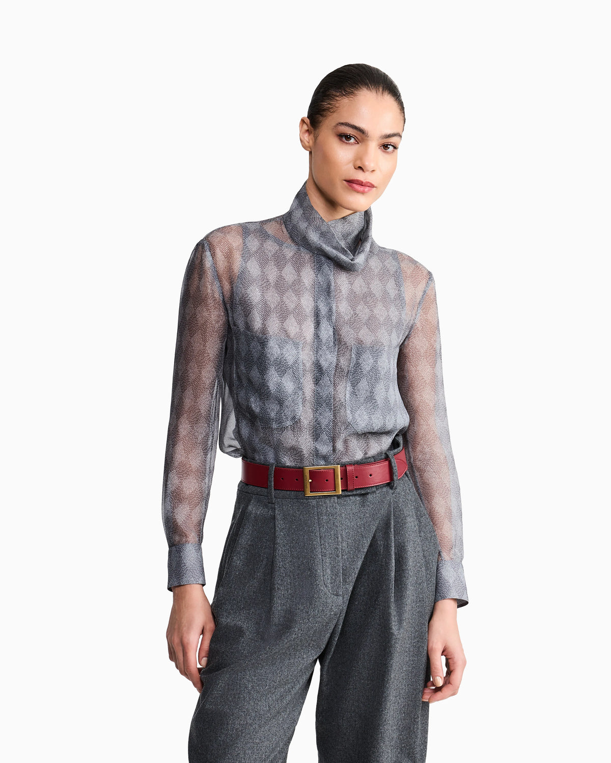 Silk Chiffon Turtleneck Blouse with Argyle Print