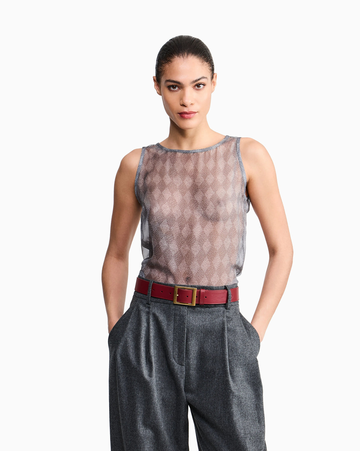 Silk Chiffon Turtleneck Blouse with Argyle Print