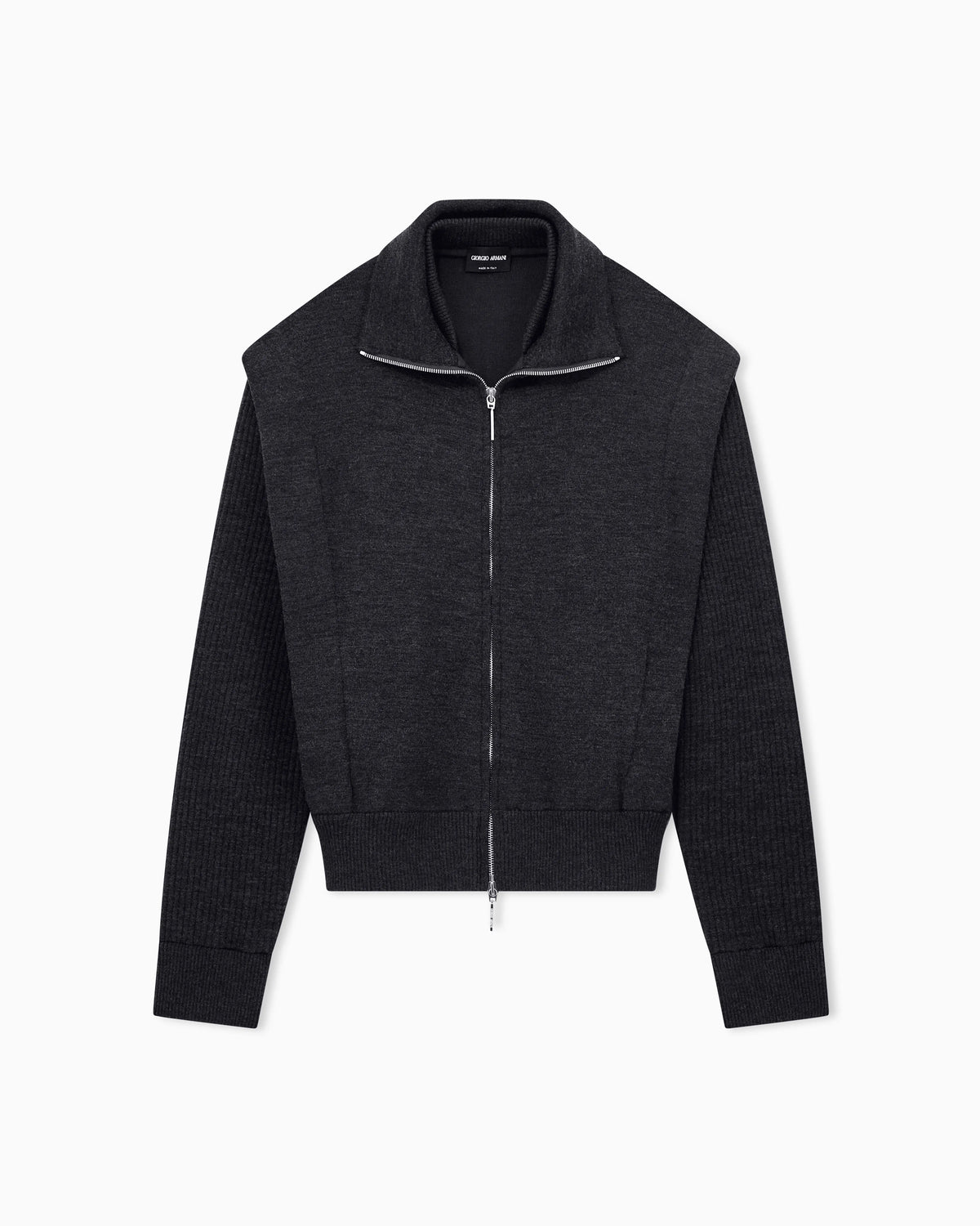 Padded blouson jacket in virgin wool with rib knit sleeves