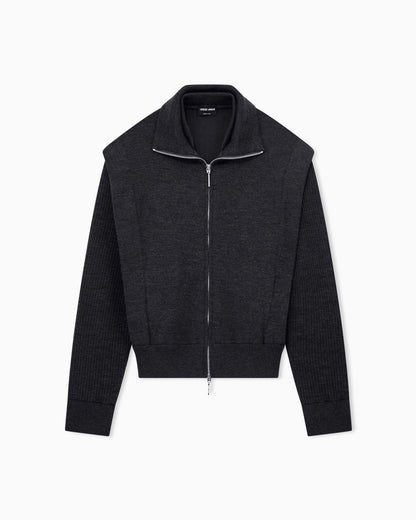 Padded blouson jacket in virgin wool with rib knit sleeves