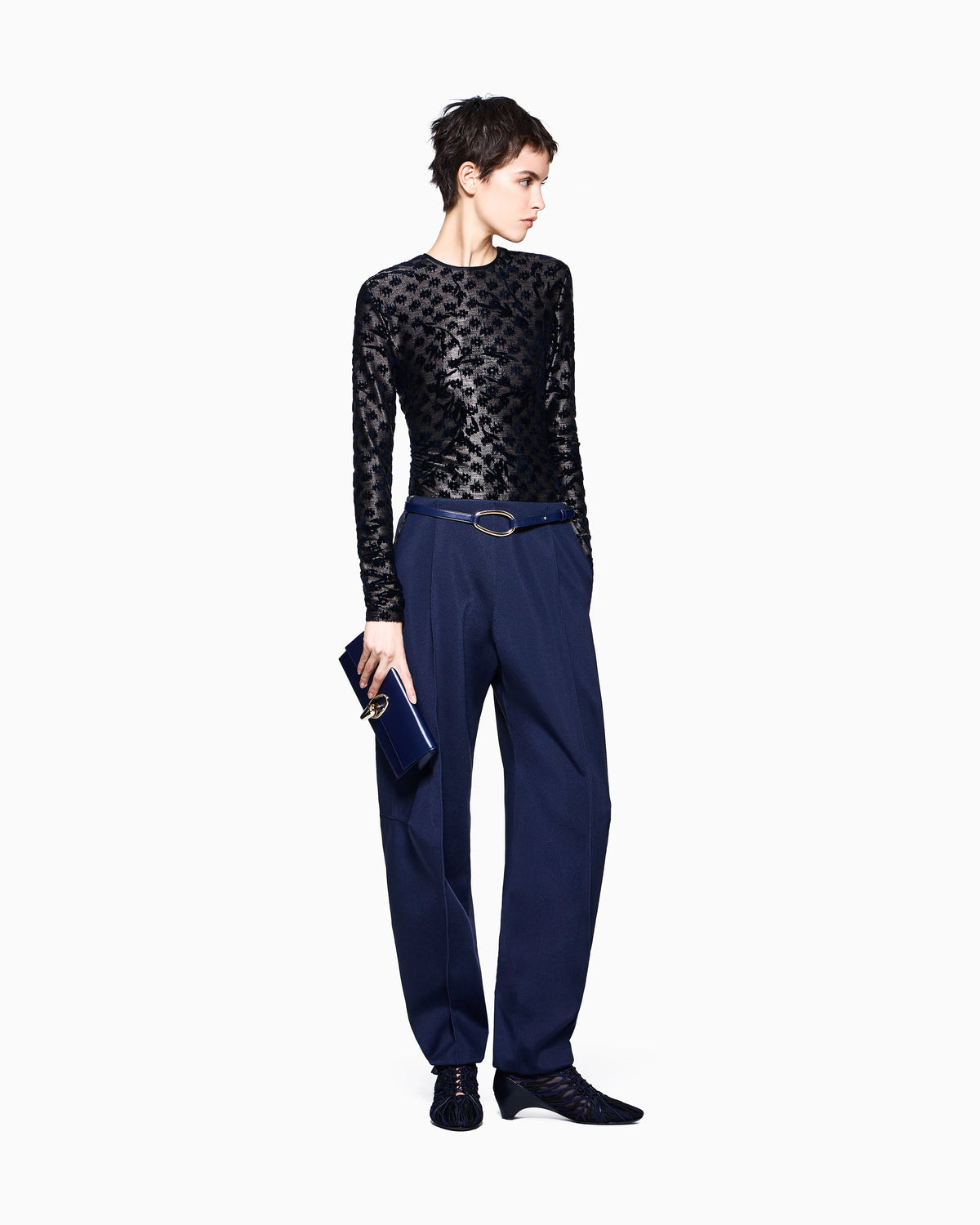 Crew-neck jacquard jersey top with geometric floral motif