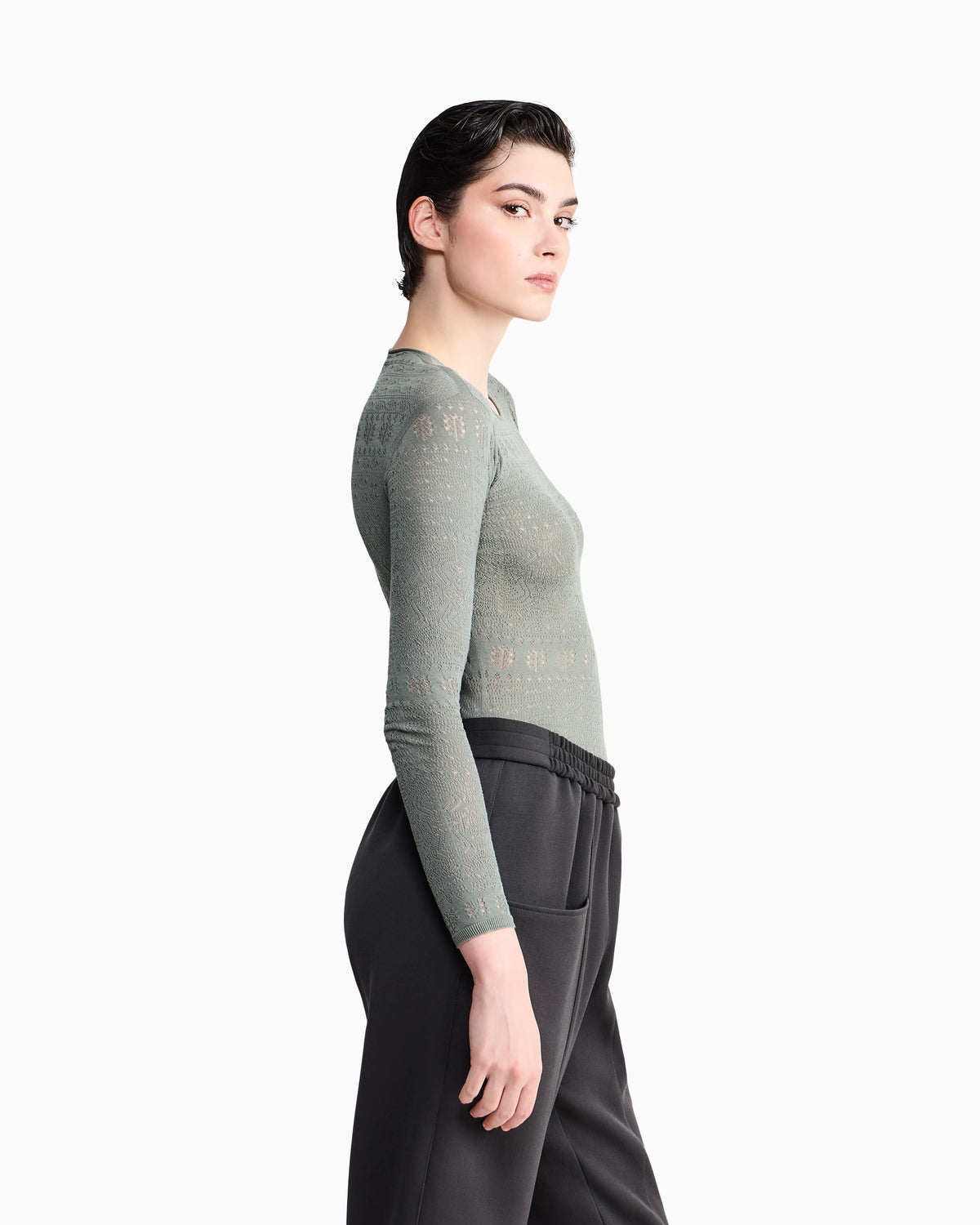 Sweater slim crew neck stretch cotton lace