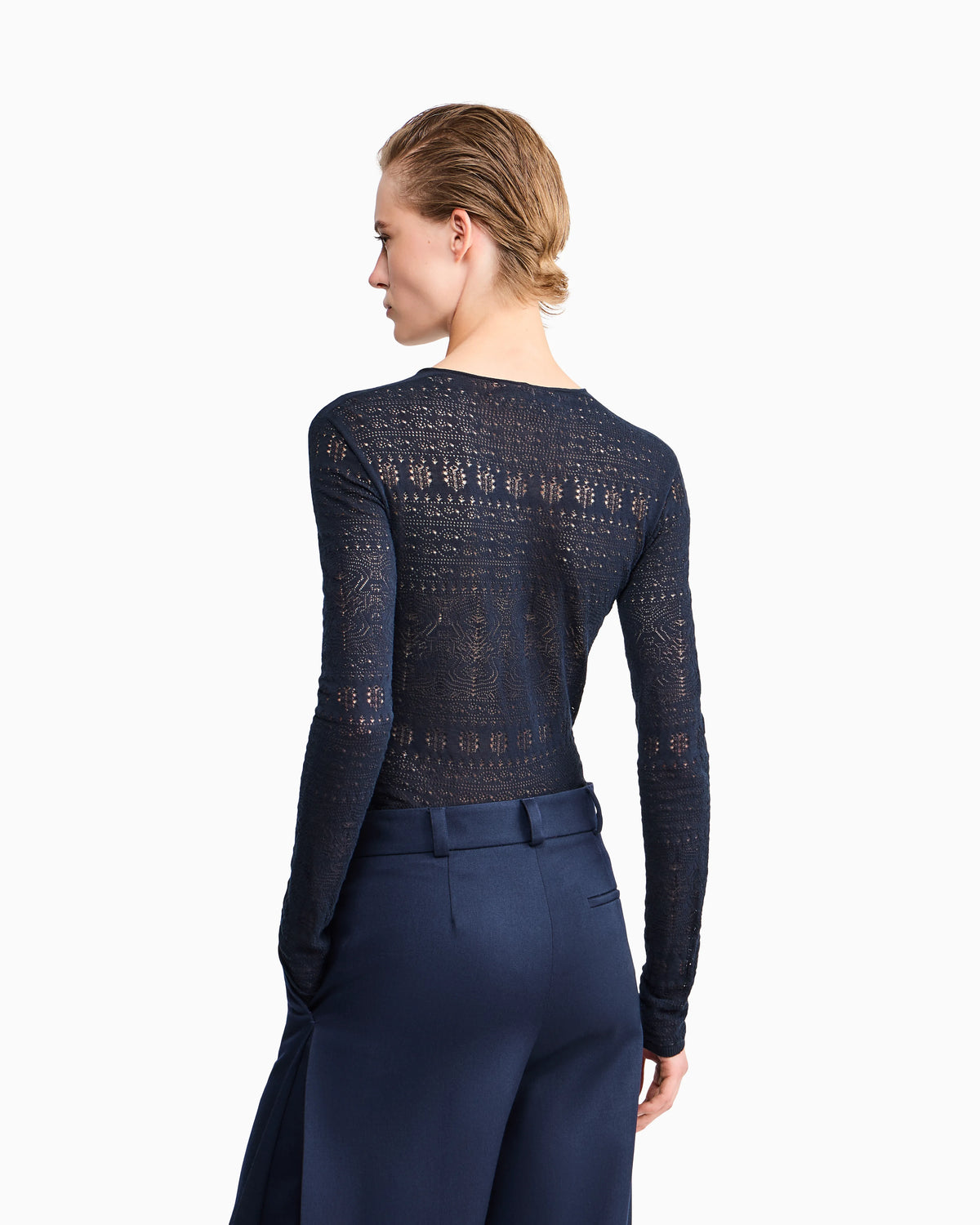 Sweater slim crew neck stretch cotton lace
