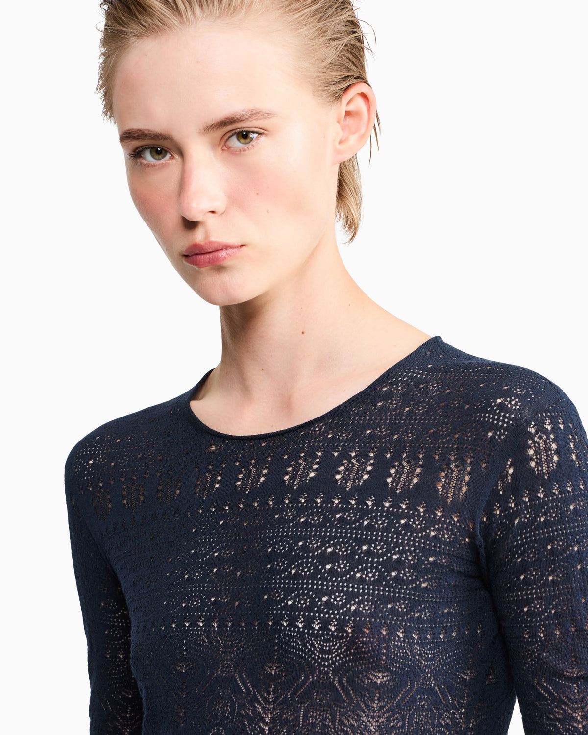 Sweater slim crew neck stretch cotton lace