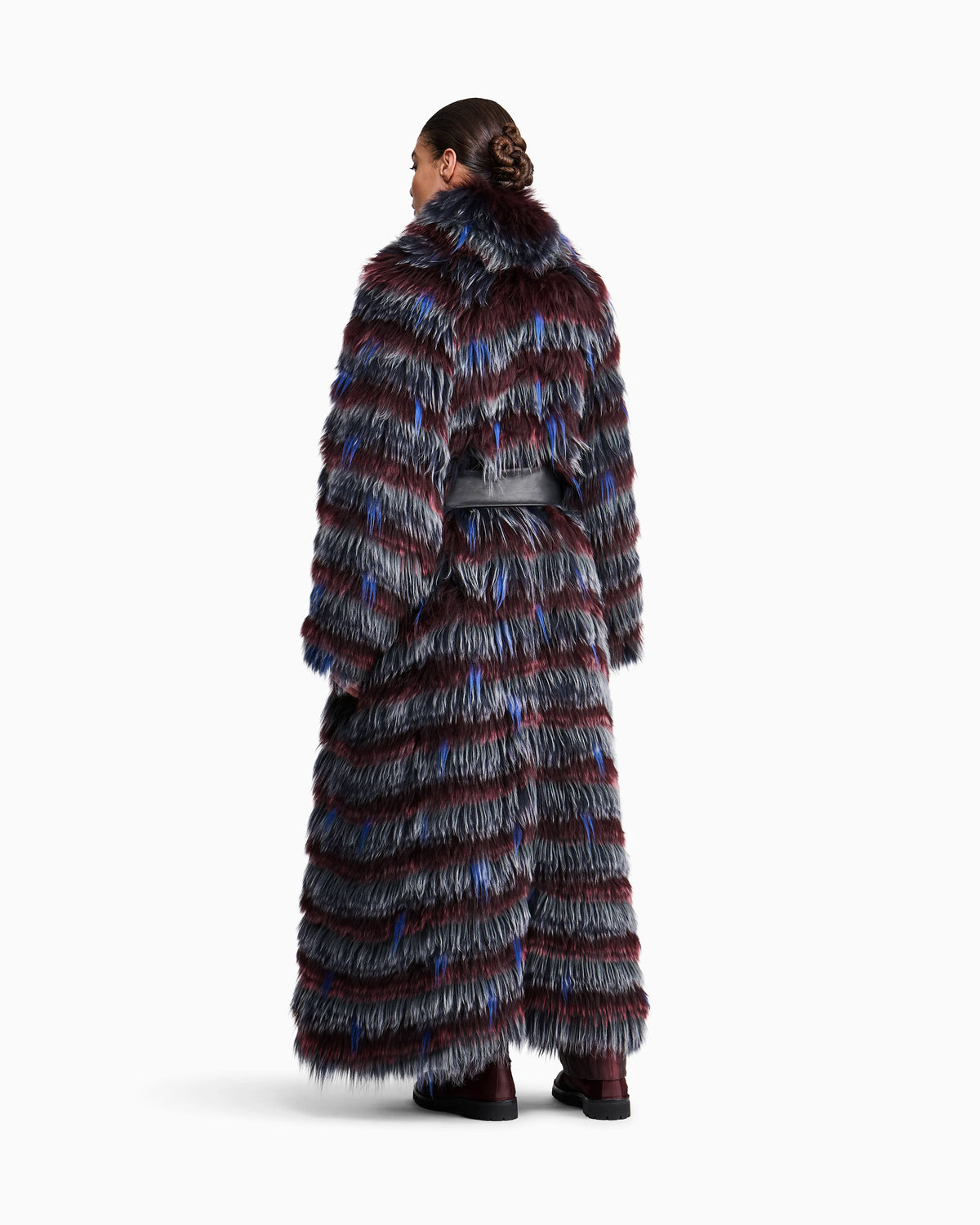 Long-haired coat with striped pattern and belt