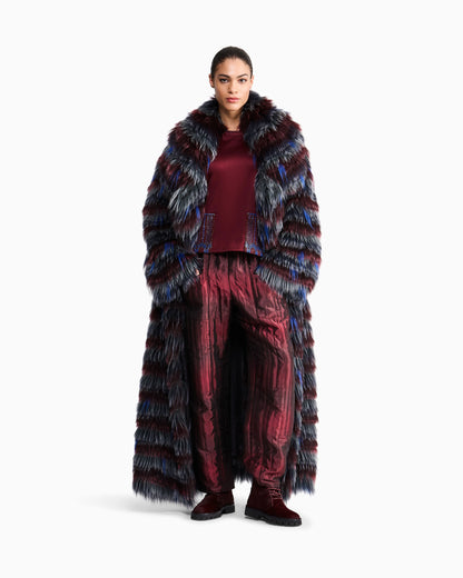 Long-haired coat with striped pattern and belt