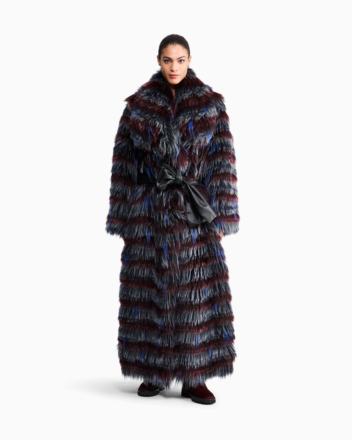 Long-haired coat with striped pattern and belt