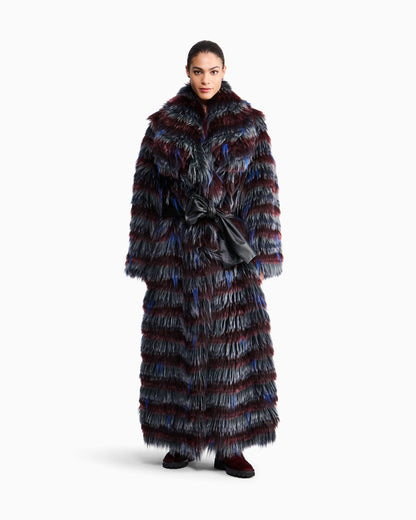 Long-haired coat with striped pattern and belt