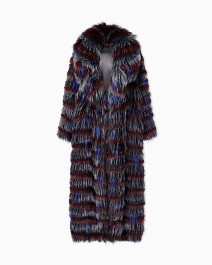 Long-haired coat with striped pattern and belt
