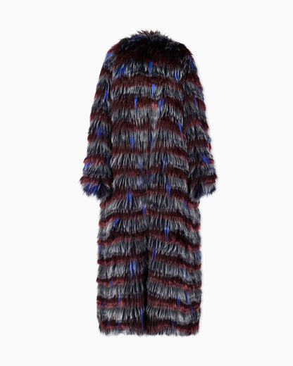 Long-haired coat with striped pattern and belt