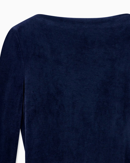 Dress in shiny chenille with deep back neckline and slim fit