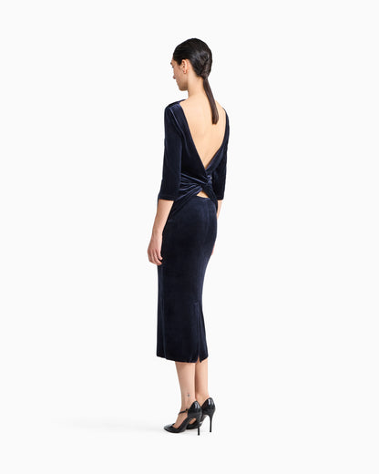Dress in shiny chenille with deep back neckline and slim fit