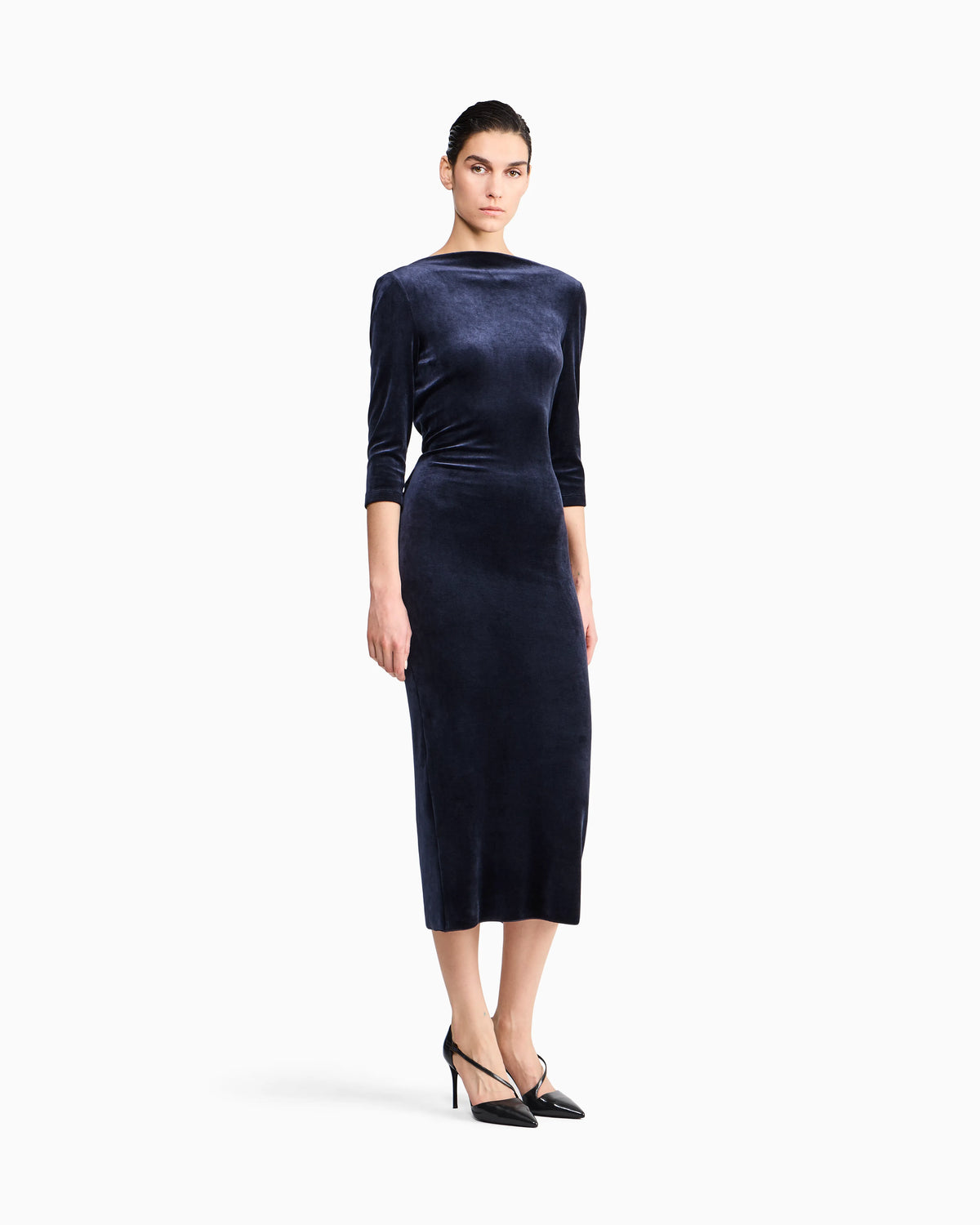 Dress in shiny chenille with deep back neckline and slim fit