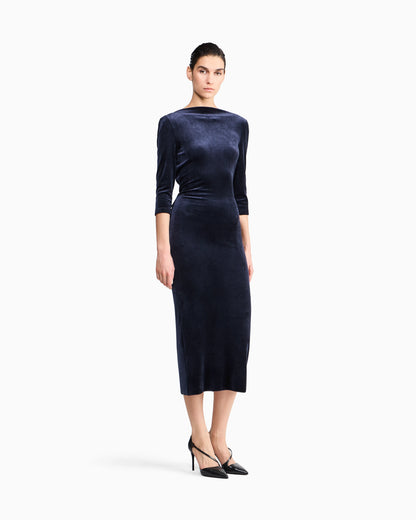 Dress in shiny chenille with deep back neckline and slim fit