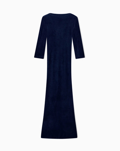 Dress in shiny chenille with deep back neckline and slim fit