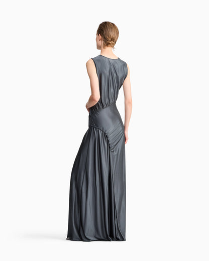 Long dress in jersey with draping and rhinestone embroidery