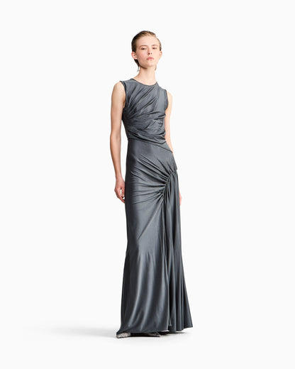 Long dress in jersey with draping and rhinestone embroidery