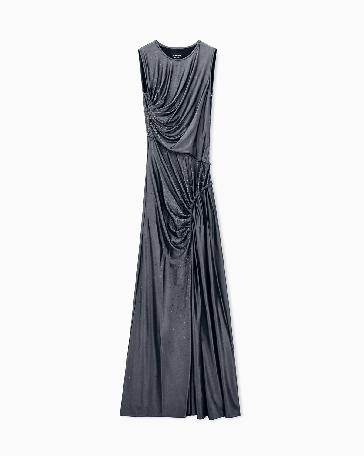 Long dress in jersey with draping and rhinestone embroidery