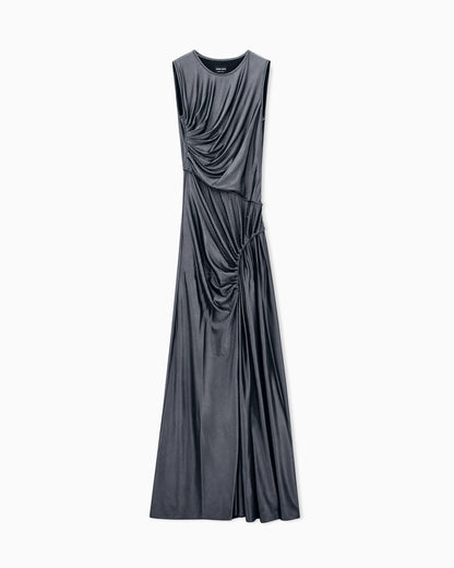 Long dress in jersey with draping and rhinestone embroidery