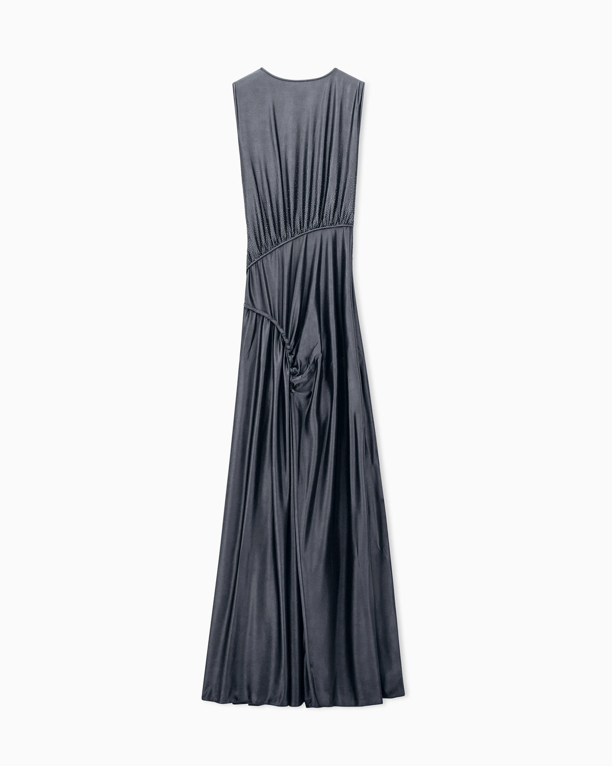 Long dress in jersey with draping and rhinestone embroidery